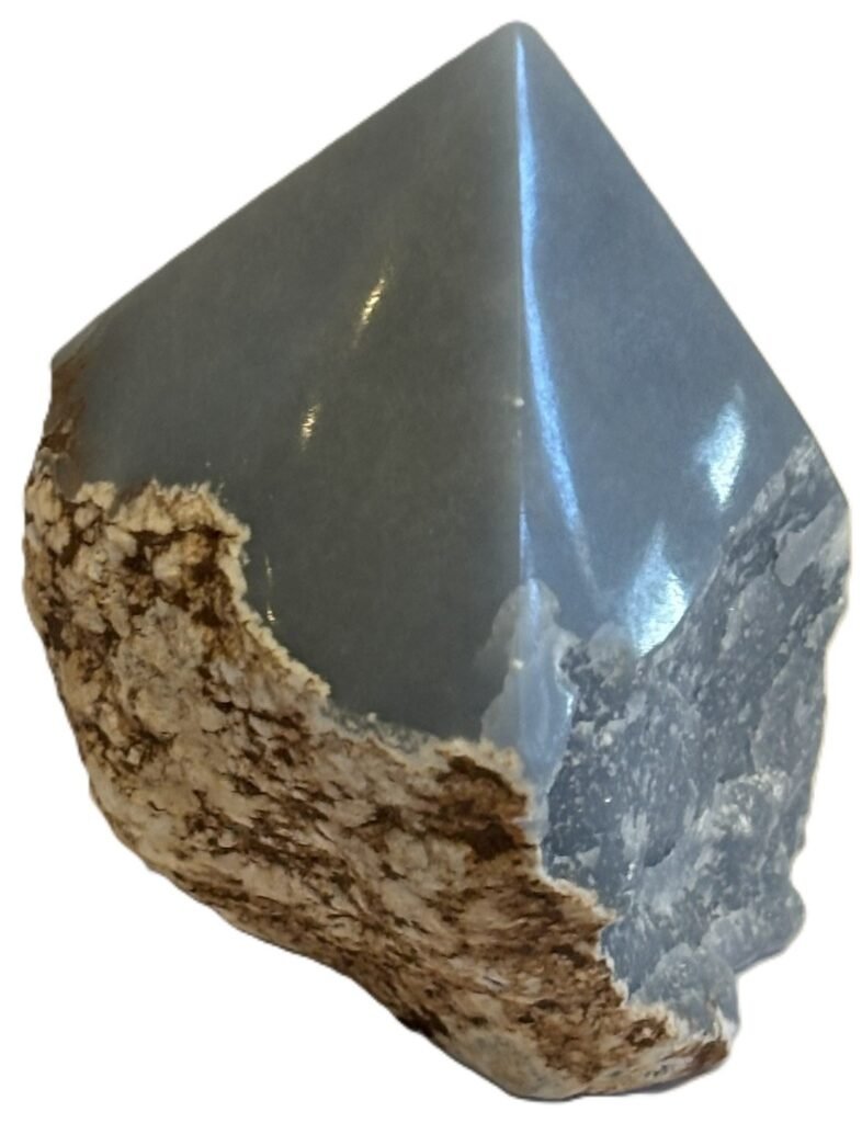 Natural rough angelite freeform with polished point 2 sians emporium Natural rough angelite freeform crystal with unpolished sides and a smooth polished blue point standing on a white background